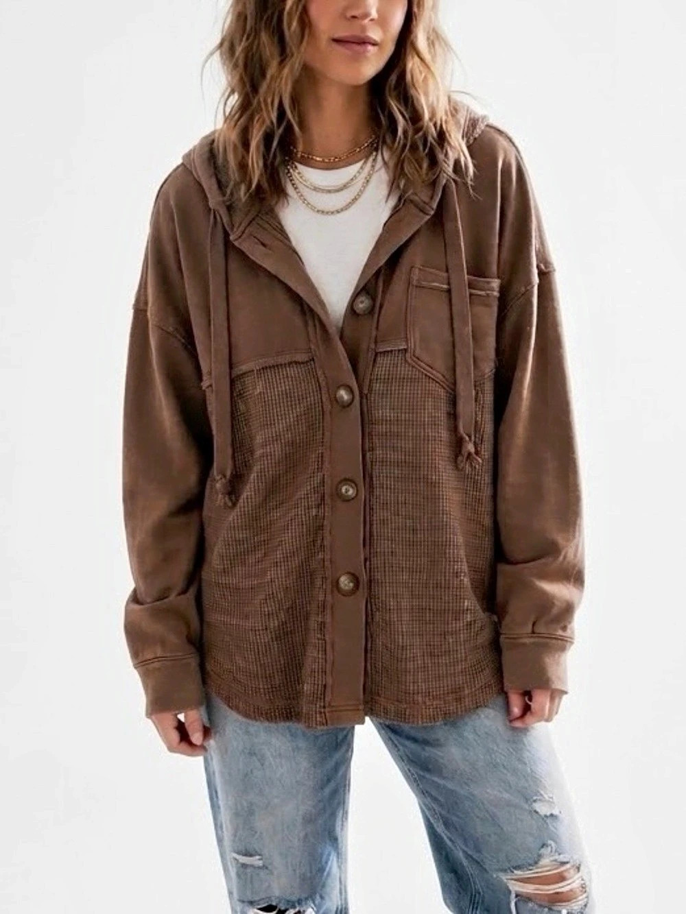American Eagle Big Hug Oversized Waffle Knit Hooded Shacket Top Brown XS / S